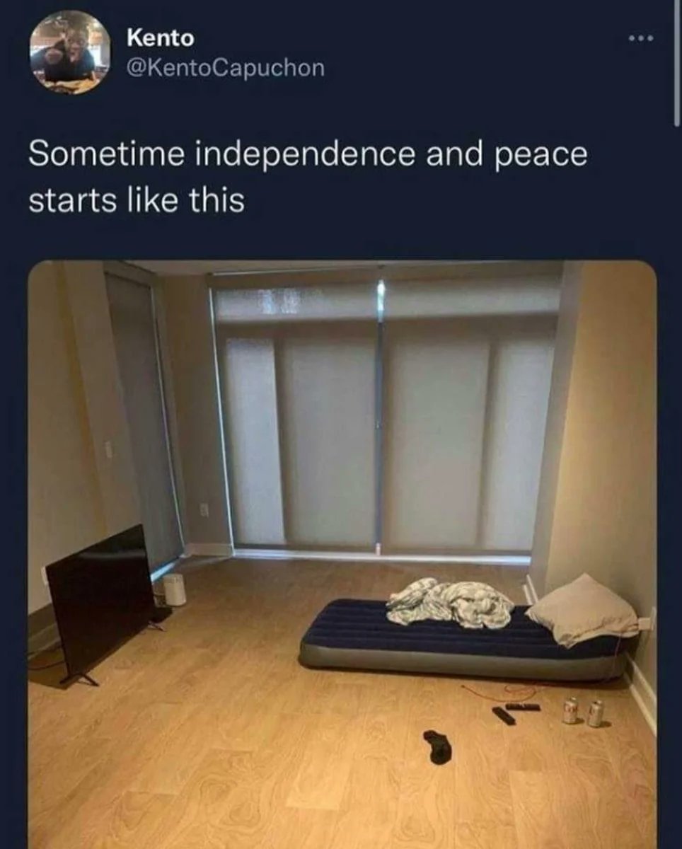 Women will be like: "omg how can men live like that!?" 

Yea because we understand we have to move our stuff to the next apartment. Women don't understand this because men move all of their stuff. 

I'm going to wait until I own a house before I start buying massive bed framing