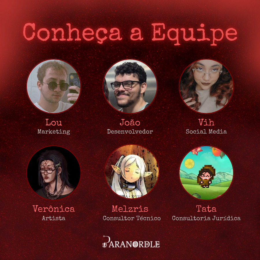 paranordle's tweet photo. 📢 CONHEÇA NOSSA EQUIPE!

Para fechar o primeiro dia, decidimos nos apresentar a vocês! Trazer nomes e (alguns) rostos para mostrar quem está por trás do projeto.

João (@_iachilo) - Criador e desenvolvedor

Lou (@diablxnde) - Co-criador, social media, marketing, playtester

Vih (@redpr1nc3ss) - Co-criadora, social media, marketing, playtester

Verônica (@verolock_) - Artista, playtester

Melzris (@melzris) - Consultor técnico, playtester

Tata (@batata_dramatica) - Consultoria jurídica, revisão legal