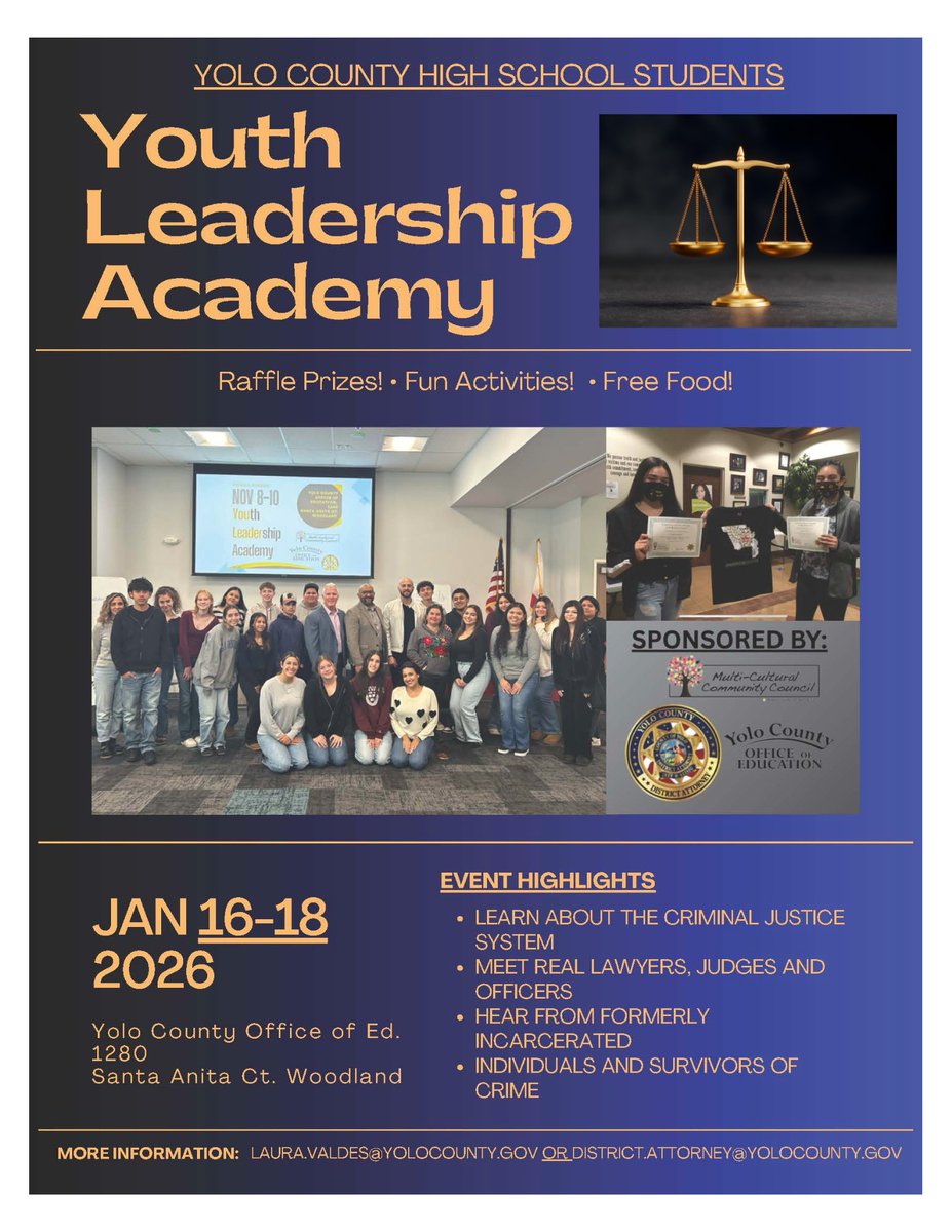 YoloDA's tweet photo. Yolo Co HS  students are invited to the 2026 Youth Leadership Academy. This FREE event offers insights into the criminal justice system through engaging discussions with law enforcement officials and crime victims. Meals are provided. @YoloCOE  More info: https://t.co/aVCSs9pyrp https://t.co/iYYVAqvz4v