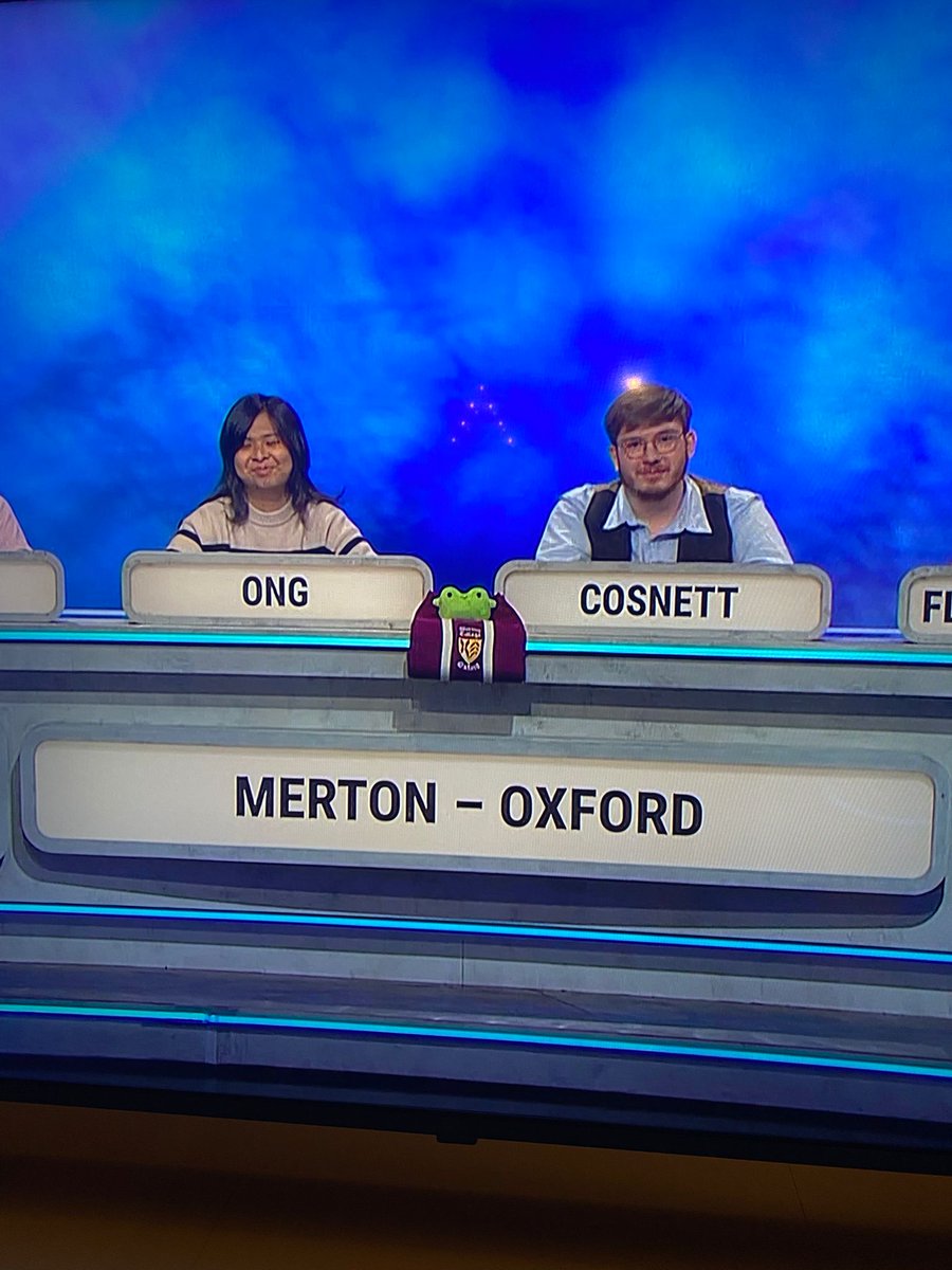 GrebComics's tweet image. the university challenge team that used my soup frog plushie as their team mascot have reached the quarter final of university challenge! i'm cheering them on!
