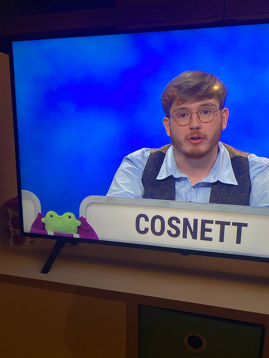 GrebComics's tweet image. the university challenge team that used my soup frog plushie as their team mascot have reached the quarter final of university challenge! i'm cheering them on!
