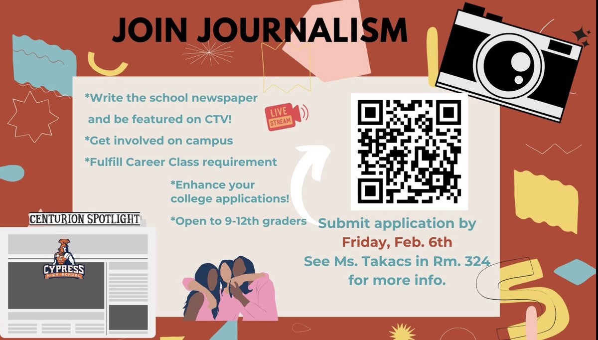 cyphype's tweet photo. Do you love, writing, photography, and talking to people? Consider joining journalism when your counselor comes to talk about registration! https://t.co/9Hx1OOwDdQ