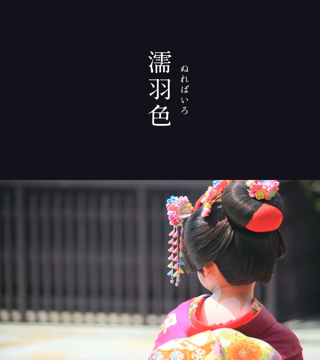 543life's tweet photo. 濡羽色（ぬればいろ）｜#にっぽんのいろ

青く艶のある黒は、水に濡れて黒さが際立ったカラスの羽のよう。
水に濡れることで乱反射がなくなり、元の色が一層強調されたように見える「濡れ色」の一種です。

日本女性の美しい黒髪を表すときにも使われる、神秘的な色です。

▼1月のいろ #にっぽんのいろ
https://t.co/O3ual0GisK