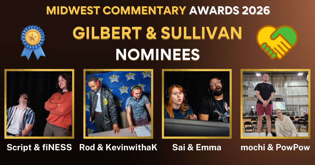 Our next award, the Gilbert &amp; Sullivan award, highlights the Midwest's best commentary duo! 🫂

No matter what tournament these duos attend, they always make sure to turn up the energy with immense synergy and great chemistry that can be felt across the entire venue!