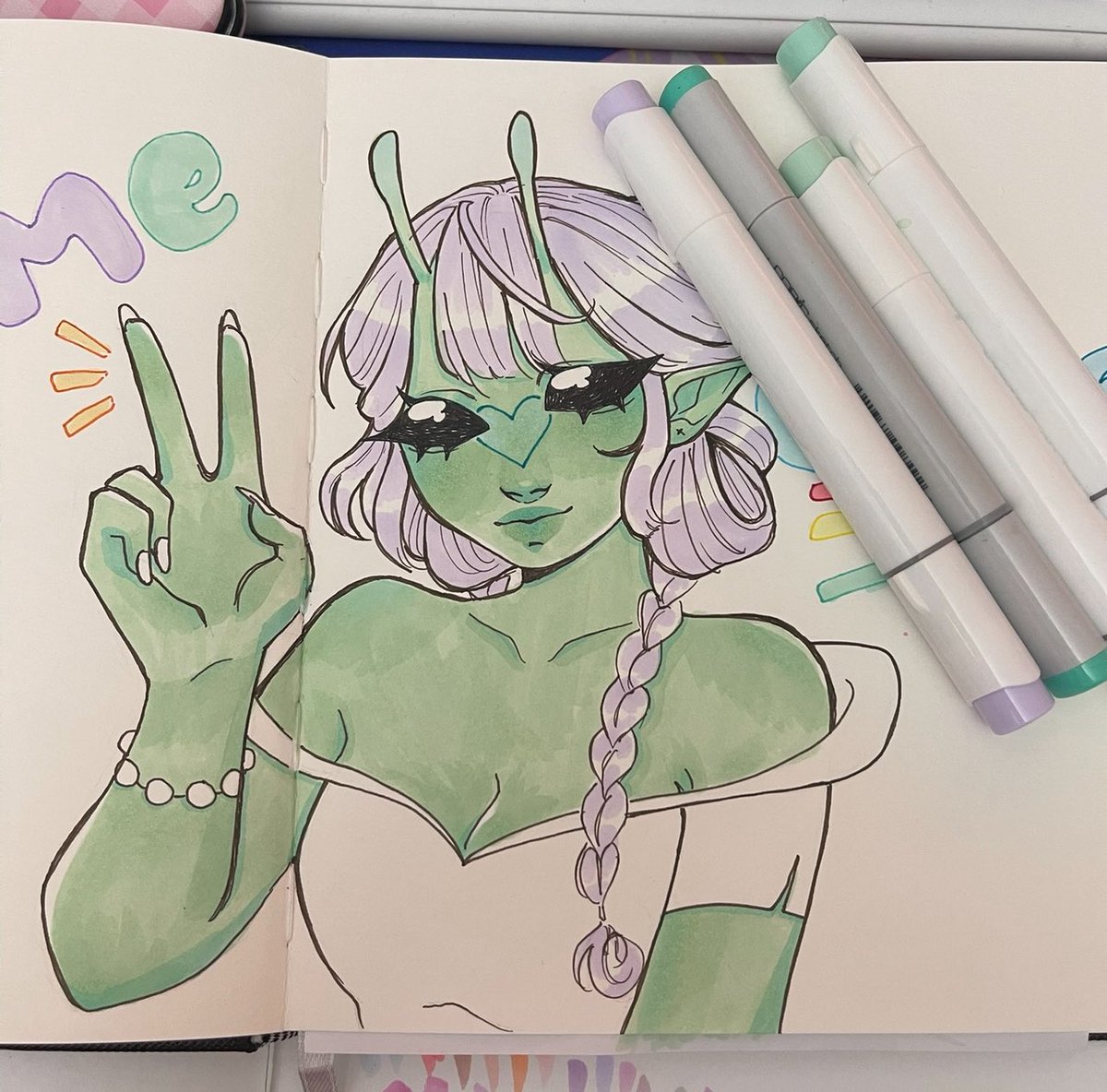 kappical's tweet photo. Swipe to see the process ❤️

This is my welcome to 2026 page in my sketchbook! She doesn’t have a name yet but I’m making her an OC because she’s just such a cutie ya know! 

#art #illustration #traditionalart #characterart #sketch #ocart #oc #ohuhu #copic #markers https://t.co/Rw6A7yVTHC