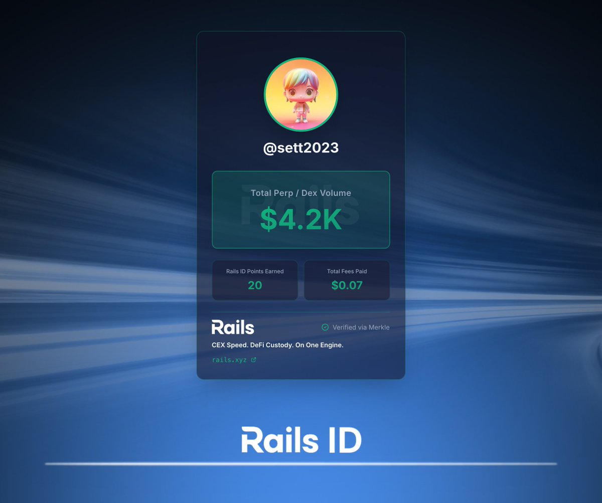 Just generated my Rails ID off $4.2K of DEX volume.

Grab your ID and plug into Rails Play, the newest product from <a href="/rails_xyz/">Rails</a> designed to teach you how to trade perps, for boosted Points: quest.rails.xyz/onboard?r=sett…