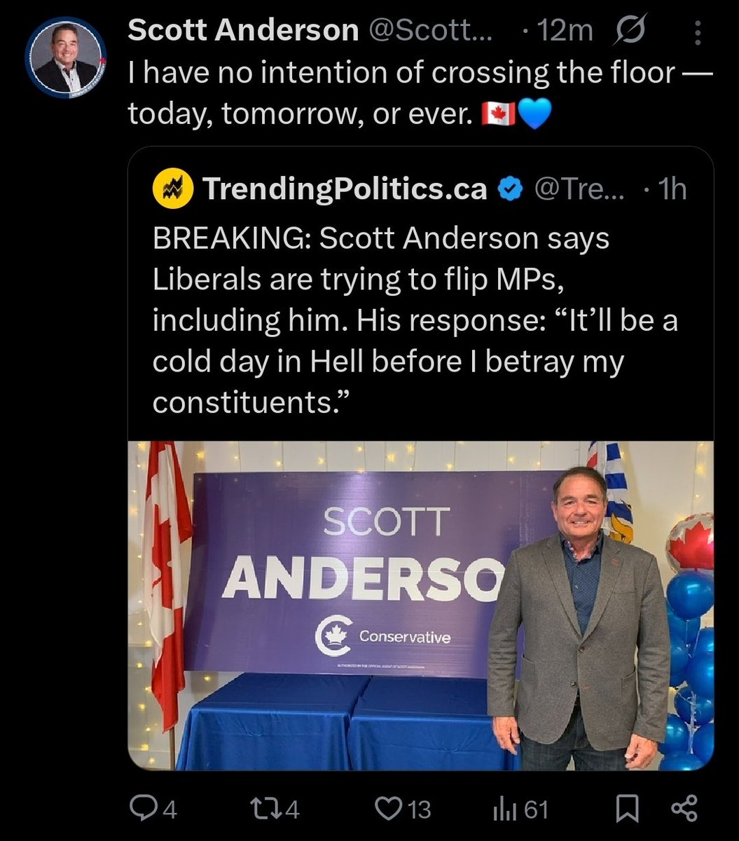 Thank you Scott Anderson for standing up for those who voted for you. 
The Liberals continue to try to get Conservatives to cross the floor. 
<a href="/ScottAndersonMP/">Scott Anderson</a>