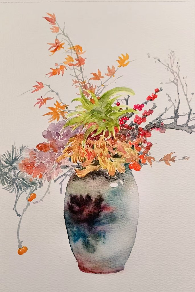 Zhangzoe15's tweet photo. 红果丹枫，水墨轻染，是独属于东方的浪漫呀！
Oriental romance: autumn blooms sealed in a ceramic jar
#OrientalAesthetics #VaseOfFlowers  #FallArt #WatercolorArt https://t.co/ny0S1ZC6N1
