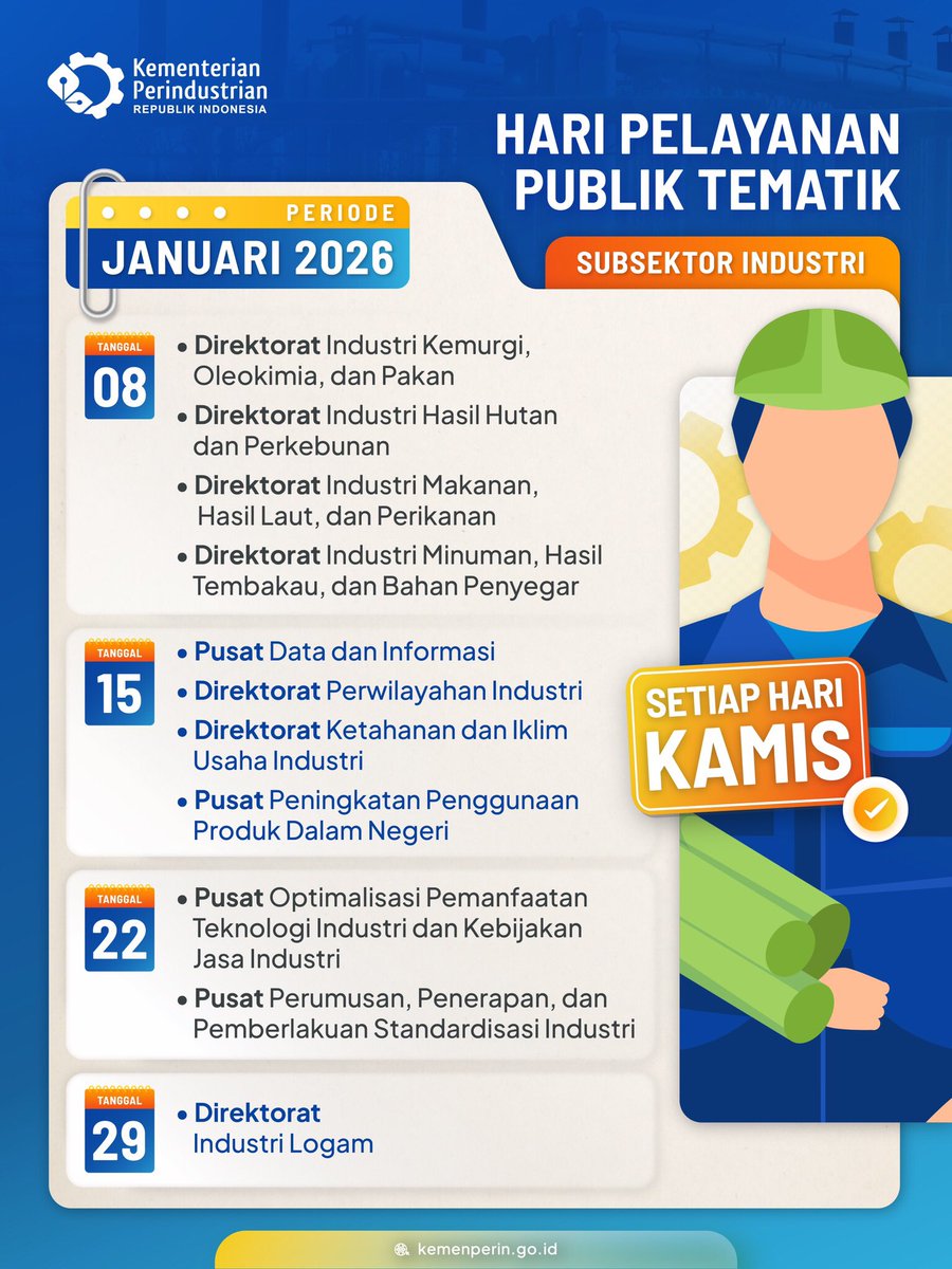 Kemenperin_RI's tweet photo. Saatnya mulai tahun dengan nyusun strategi, dan cari jawaban sebelum gaspol sepanjang 2026 🚀

📅 Cek jadwal Hari Pelayanan Publik (HPP) tematik di #UPPKemenperin, tandai tanggalnya, dan daftar H-1 melalui:
👉 https://t.co/HhOezqFM3M

#InfoPerin #LoketUPP #BanggaLayaniIndustri https://t.co/bpKi0Dgfpa