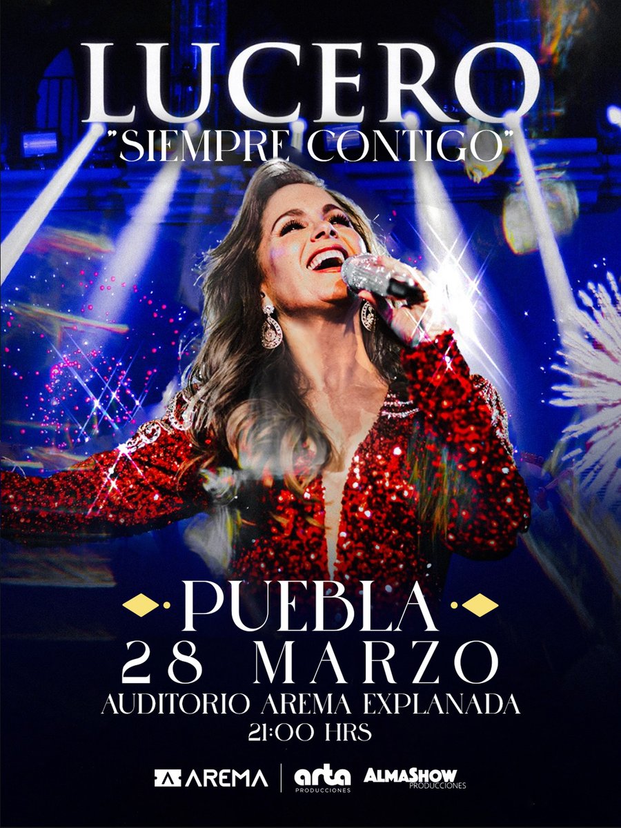 News: La Novia de América llega a Puebla ✨

<a href="/LuceroMexico/">Lucero</a> en concierto #auditorioaremaexplanada

📅 28 de marzo | 🕘 21:00 hrs
Una noche inolvidable con su voz y su encanto. 💫
🎟️ Boletos disponibles en Arema.mx el 7 de enero 

#LuceroEnPuebla #lucero2026