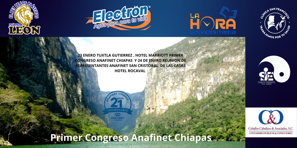 "No te pierdas el primer congreso Anafinet Chiapas Actualízate y disfruta de las belleza de este hermoso estado."
Reserva tu lugar a los teléfonos: 961-612-8982, 961-223-3947 y 961-223-3950 y al correo sieyc@hotmail.com
WhatsApp: 961-375-9379 link: wa.me/529613759379