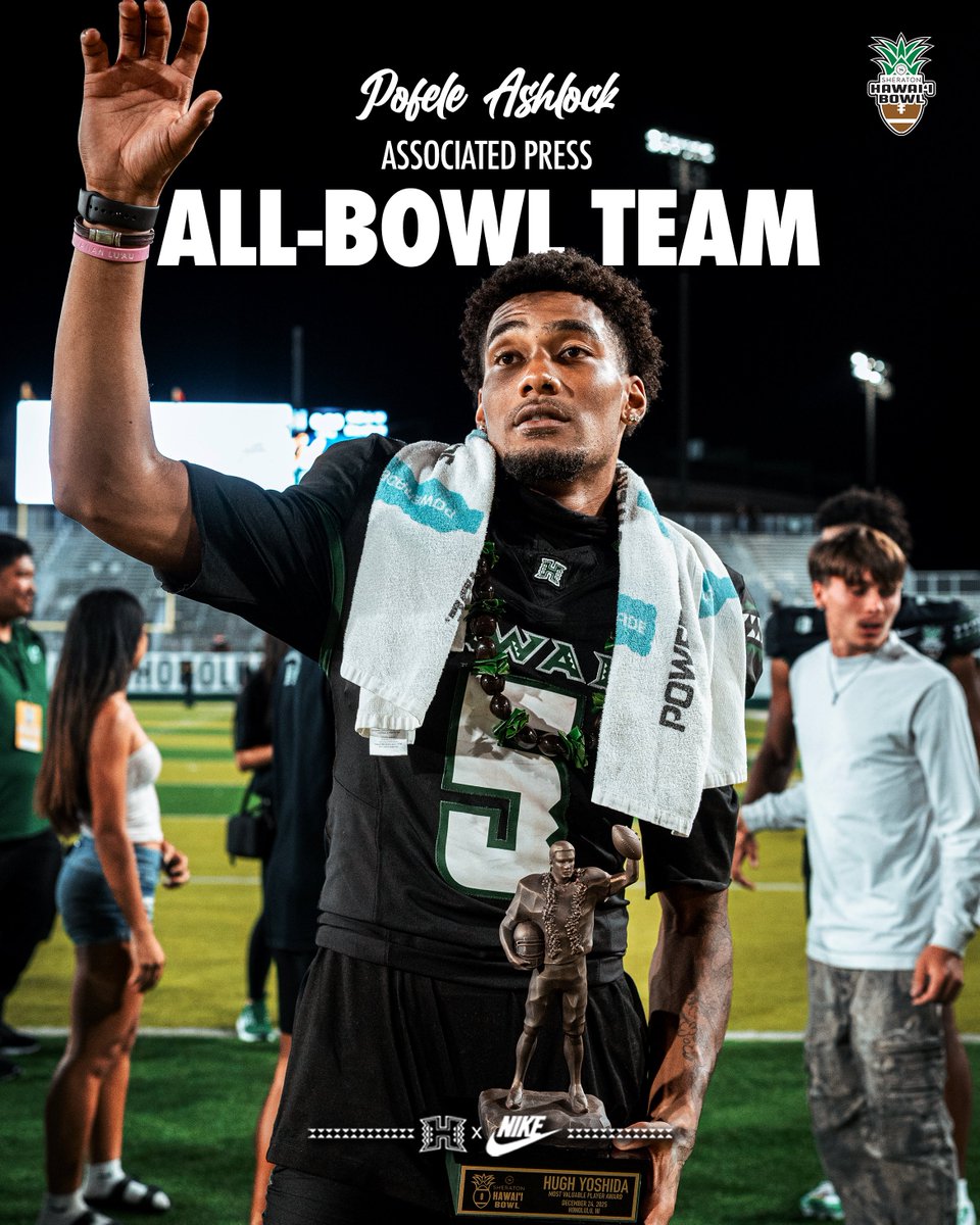 HawaiiFootball's tweet photo. The best of the best during Bowl Season 👊

Hawai'i Bowl MVP Pofele Ashlock earns a spot on the AP All-Bowl Team.

#BRADDAHHOOD x #GoBows https://t.co/5E4OYO09CD