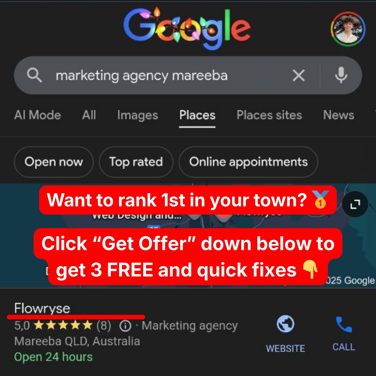Proof that we can rank your business at the top of your local suburb's search results.

Send us a message for more info.