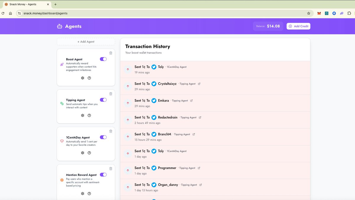 Soon all the agents on the left bar will
- be discovered via a2a
- have reputation via erc-8004
- be available via mcp
- accept payments via <a href="/x402/">x402 on Solana</a> 
- be managed via snackmoney cli and web
- have settlement on solana via <a href="/dexteraisol/">Dexter AI</a> and on base via <a href="/CoinbaseDev/">Coinbase Developer Platform🛡️</a> facilitators

but