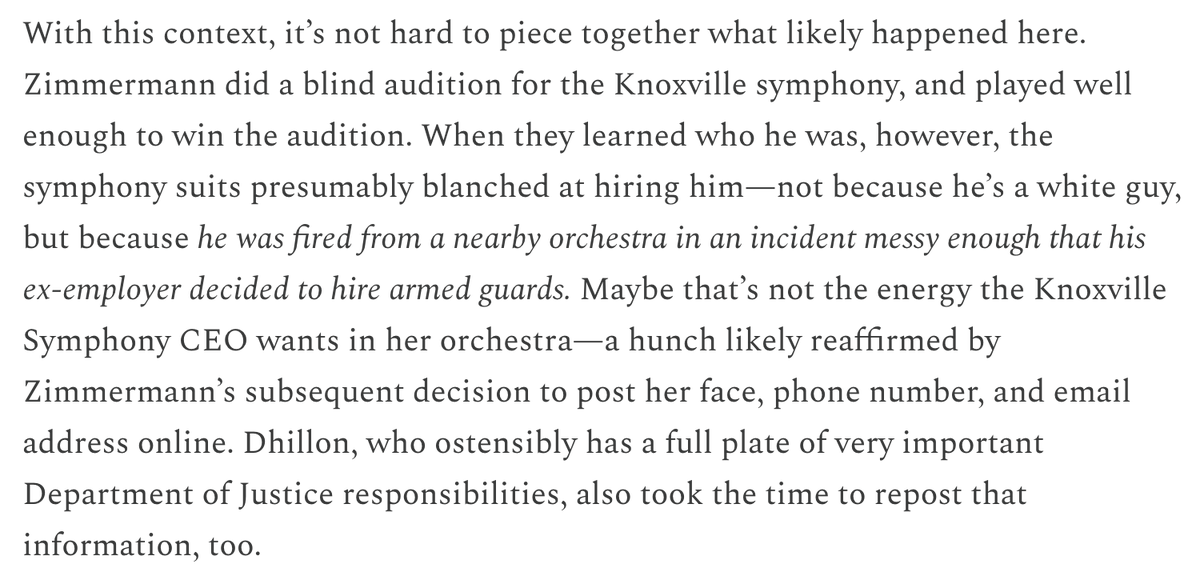 The DOJ's civil rights division has become obsessed with helping an angry clarinet player find a symphony job. But as <a href="/EggerDC/">Andrew Egger</a> discovers, there might be another side to this story—one involving armed guards.