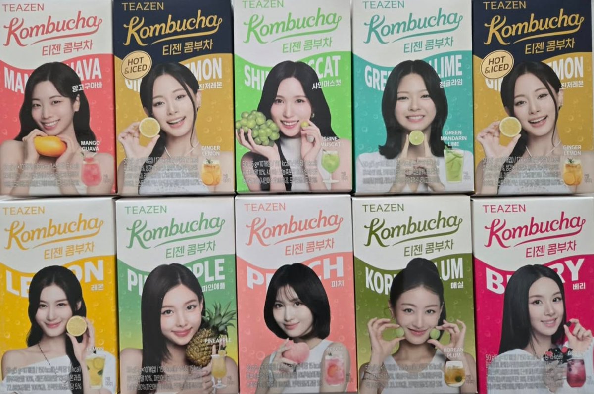 godmitzu's tweet image. TWICE's new matching flavours for kombucha brand TEAZEN.