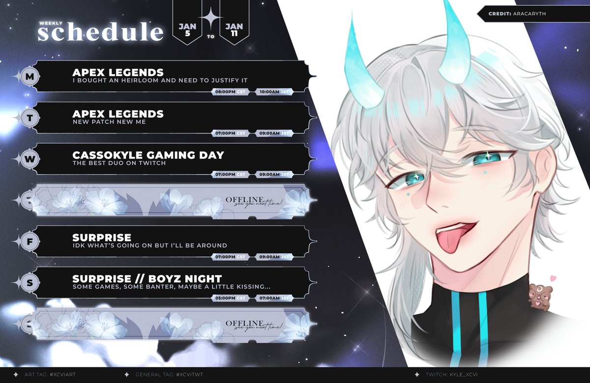 KyleXCVI's tweet image. another week another... something

still enjoying our return to apex today and tomorrow, then gaming with the homie @cassodile on wednesday. ending the week with some surprise nights and boyz night, where there may or may not be some kissing. you'll just have to tune in to find…