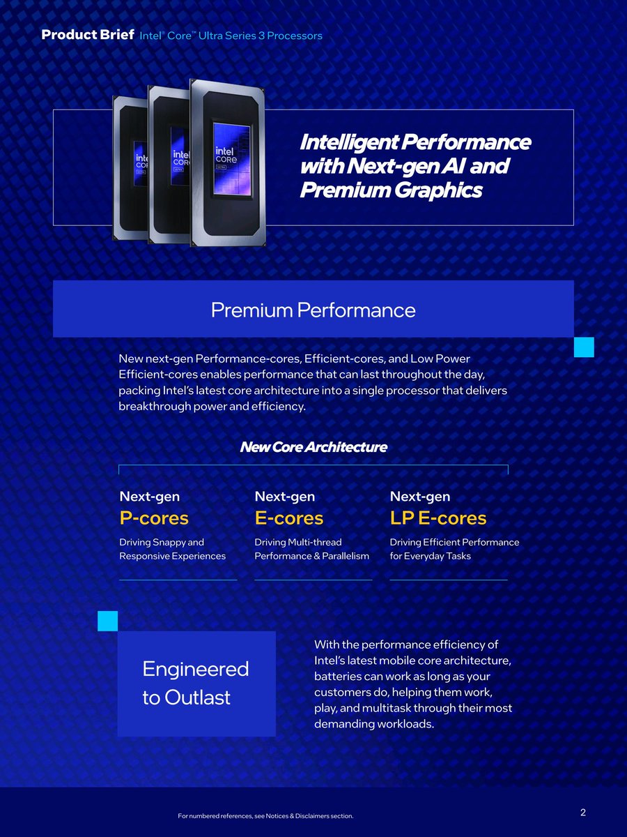 mkinfo9's tweet photo. Intel Core Ultra Series 3

Core Ultra Series 3 Line-up
Ultra 9/X9 (388H/386H)
16 cores/16 threads (next-gen P-cores + E/LP-E cores)
 P-core boost up to 5.1/4.9 GHz
 18MB Smart Cache
NPU Gen 5 up to 50 TOPS (focus on on-device AI)
 Intel Arc B390 (Xe3) GPU – up to 12 Xe-cores https://t.co/hlfwx0FBSP