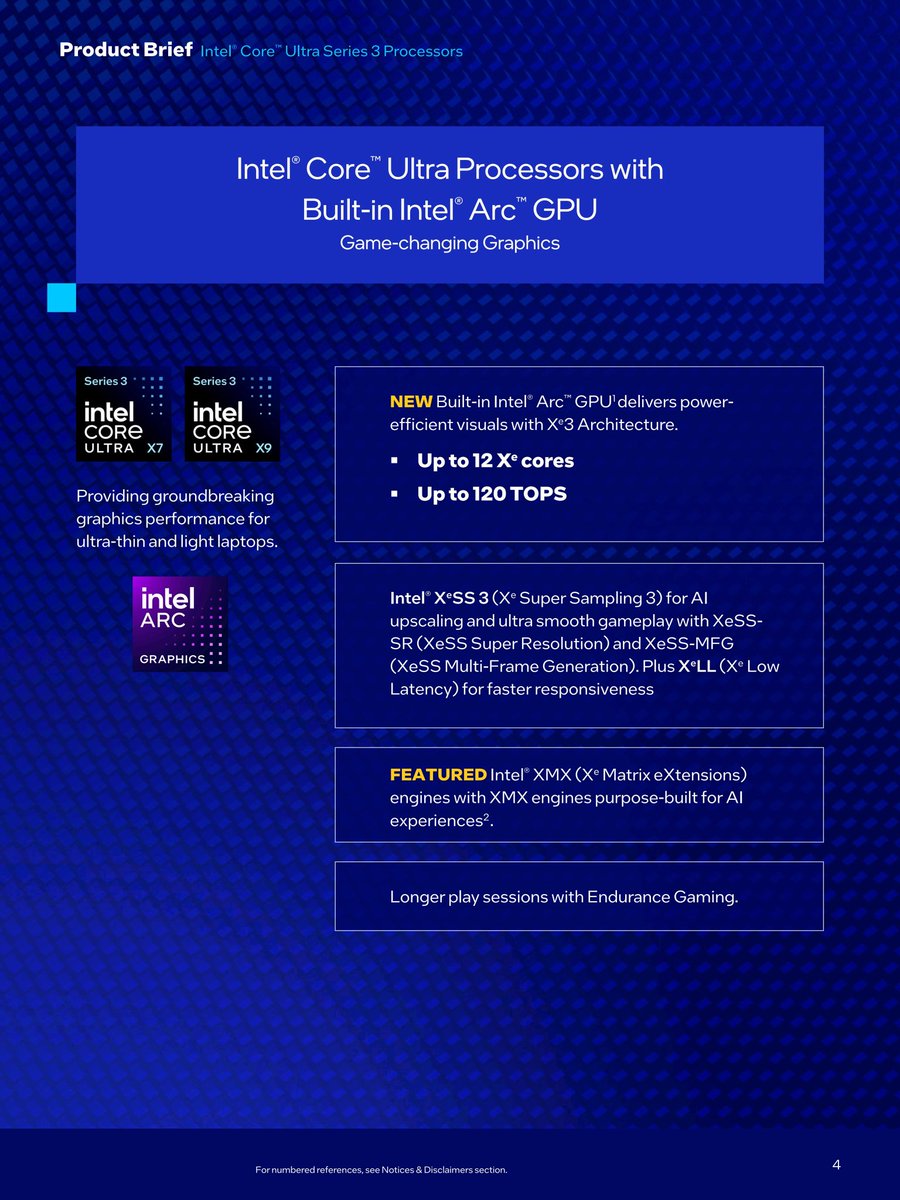 mkinfo9's tweet photo. Intel Core Ultra Series 3

Core Ultra Series 3 Line-up
Ultra 9/X9 (388H/386H)
16 cores/16 threads (next-gen P-cores + E/LP-E cores)
 P-core boost up to 5.1/4.9 GHz
 18MB Smart Cache
NPU Gen 5 up to 50 TOPS (focus on on-device AI)
 Intel Arc B390 (Xe3) GPU – up to 12 Xe-cores https://t.co/hlfwx0FBSP