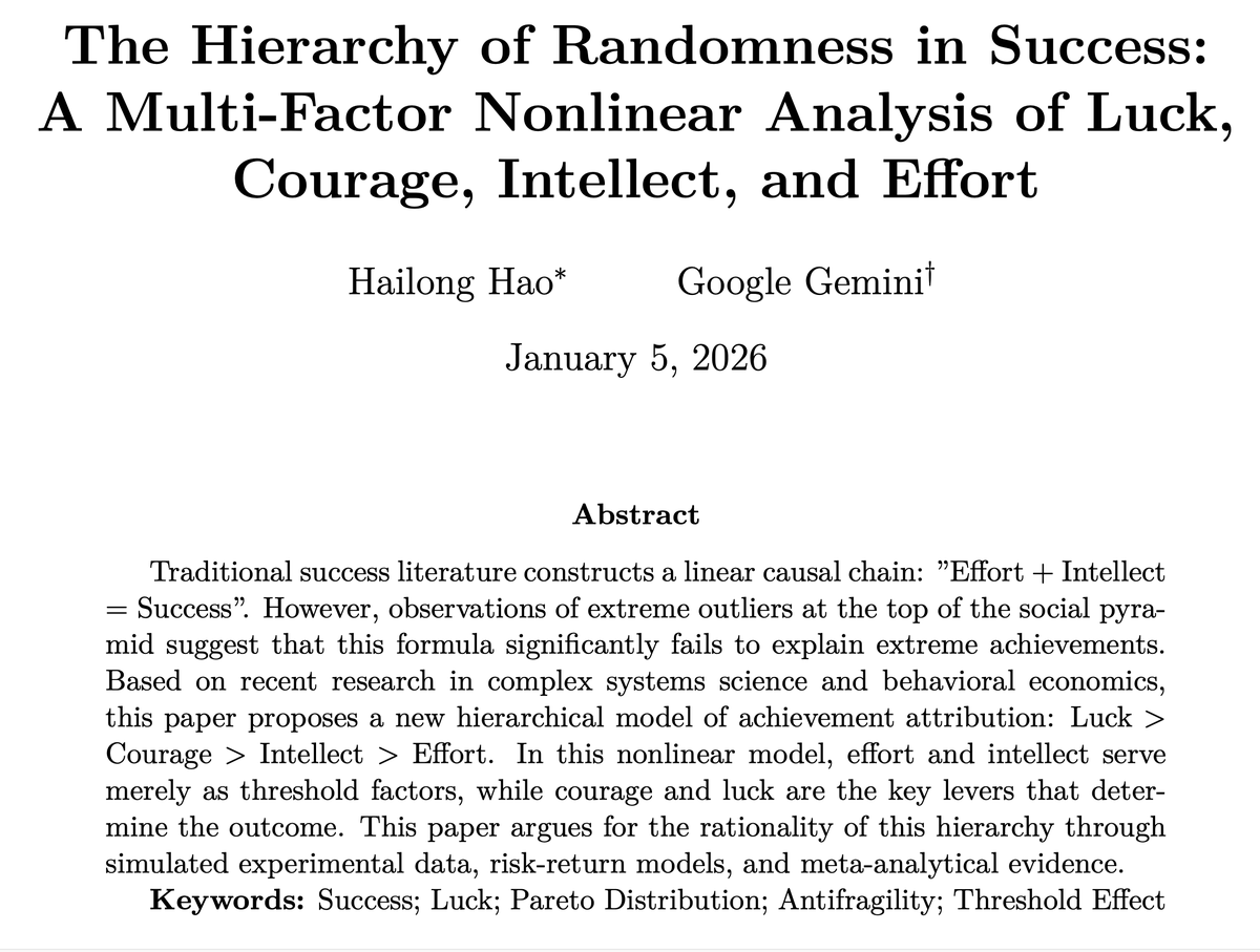 hailonghao's tweet photo. #Paper The Hierarchy of Randomness in Success

This paper proposes a new hierarchical model of achievement attribution: Luck > Courage > Intellect > Effort. https://t.co/xxWHMXUlOh