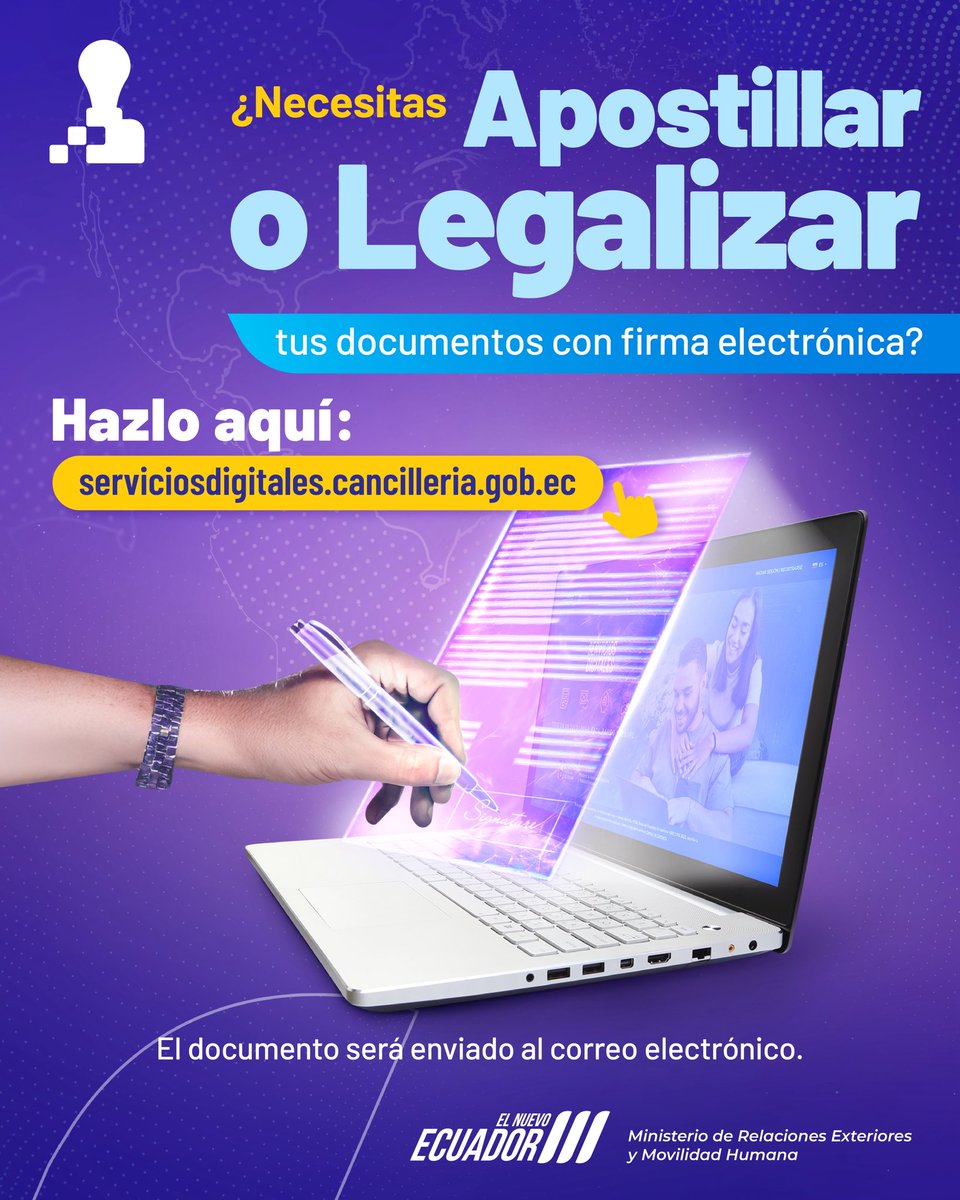 ¡Estás a un clic de los servicios de <a href="/CancilleriaEc/">Cancillería del Ecuador 🇪🇨</a>!

Simplificamos los trámites a través de nuestro portal de Apostillas y Legalizaciones Electrónicas.

Conoce más

Tutorial👉 youtube.com/watch?v=FMu4i4…

Apostilla 👉 serviciosdigitales.cancilleria.gob.ec/authentication