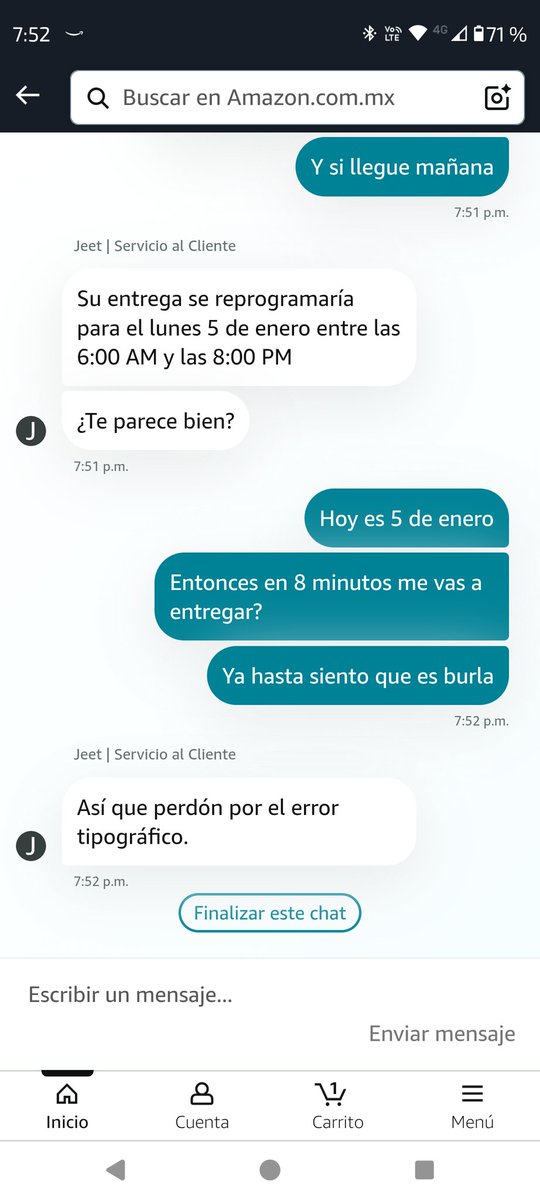 albertorodea24's tweet photo. @amazonmex o está borracho el asesor? Primero me dijo que se murió el mensajero y después me dice que lo programa para hoy mismo, que está pasando Amazon!!!!! https://t.co/DBvn9hrJBW