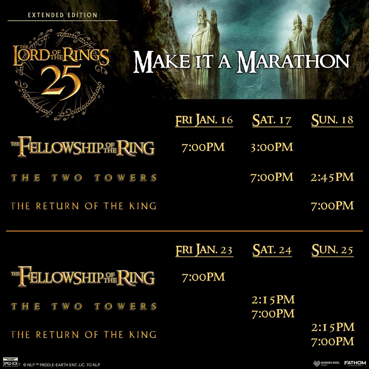 GrandCinemasYV's tweet photo. The 👁️ of the enemy sees THE LORD OF THE RINGS TRILOGY: Extended Edition, returning to theaters this January! Make it a marathon! Tickets: https://t.co/4JLDXJenP0 https://t.co/CtTCkm1mM8