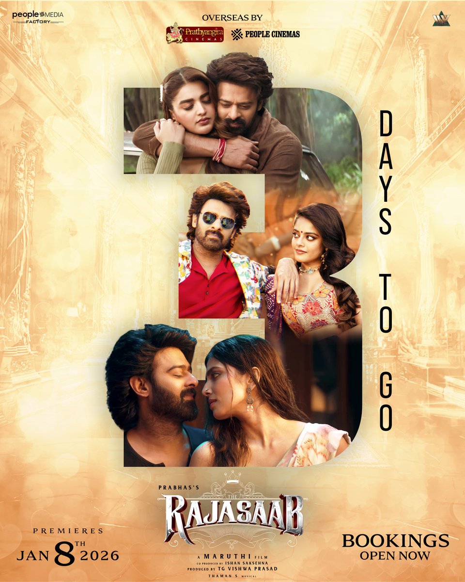PrathyangiraUS's tweet photo. Romantic Rebel Saab arriving in 3 Days 💘❤️‍🔥

#TheRajaSaab Overseas release by @PrathyangiraUS @people_cinemas, Premieres on Jan 8th 💥

🎟️ https://t.co/2peay5XzHr

#Prabhas @peoplemediafcy @rajasaabmovie @DirectorMaruthi https://t.co/Rt5UlttrLE