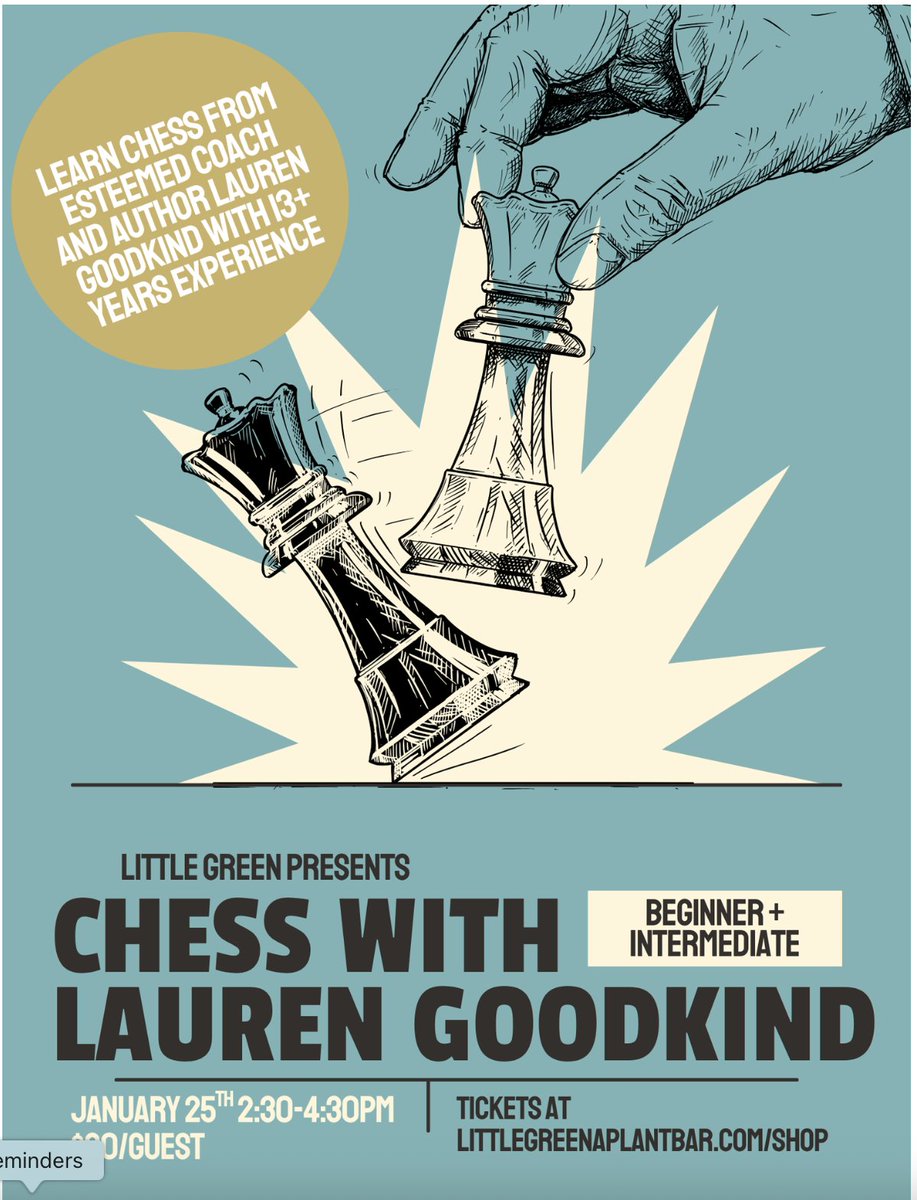 Ready to level up your chess game? ♟️
I’m hosting a workshop for beginners and intermediate players at Little Green Cafe in Redwood City! 

📅 Jan 25 | 2:30–4:30 PM 📍 1101 Main St, RWC 🎟️ $60

Sign up: littlegreenaplantbar.com/shop/p/chess-w…
#Chess  <a href="/USChessWomen/">USChessWomen</a> #SanFrancisco