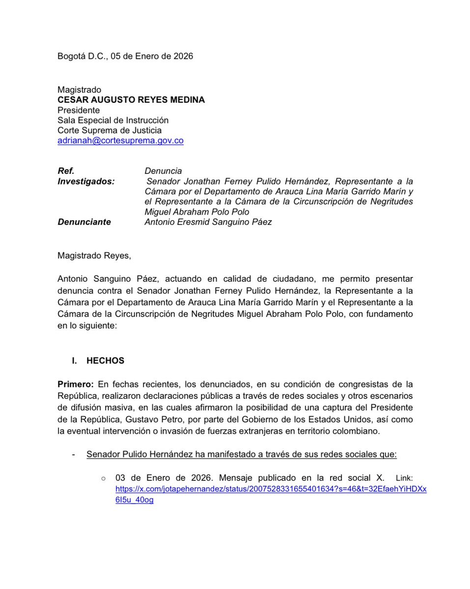 AntonioSanguino's tweet image. Esta es nuestra denuncia penal ante la honorable Corte Suprema de Justicia contra @linamariagarri1, @MiguelPoloP, @JotaPeHernandez por los delitos de menoscabo de la integridad nacional y participación en hostilidades contra la patria.