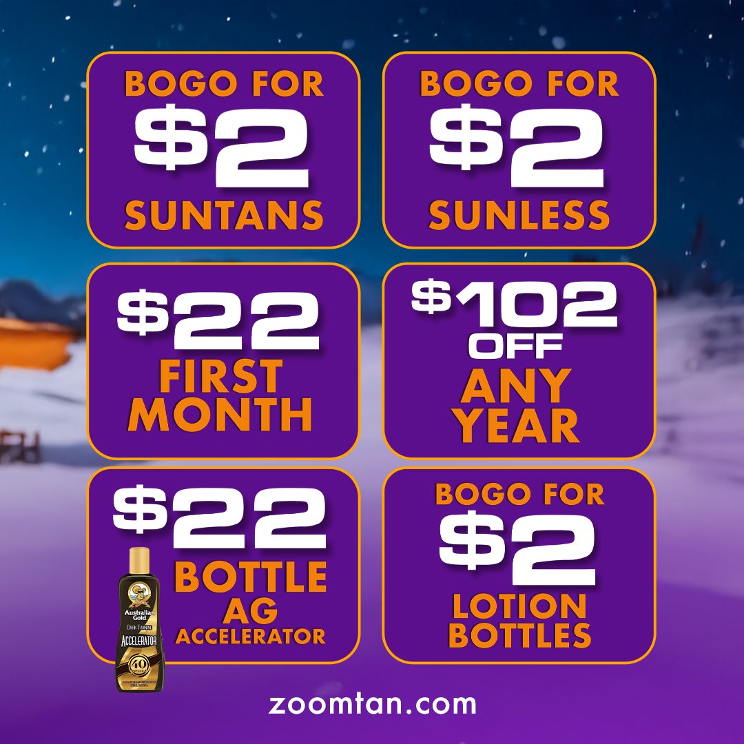 ZoomTan's tweet image. Every Tuesday in January deserves a $2 deal 😎
 
Here’s what’s waiting for you in TANuary:
1️⃣ BOGO for $2 Suntans 
2️⃣ BOGO for $2 Sunless Tans
3️⃣ $22 First Month of a Monthly Membership
4️⃣ $102 OFF Any Year Membership
5️⃣ $22 Bottle of AG Accelerator
6️⃣ BOGO for $2 Lotion Bottles…