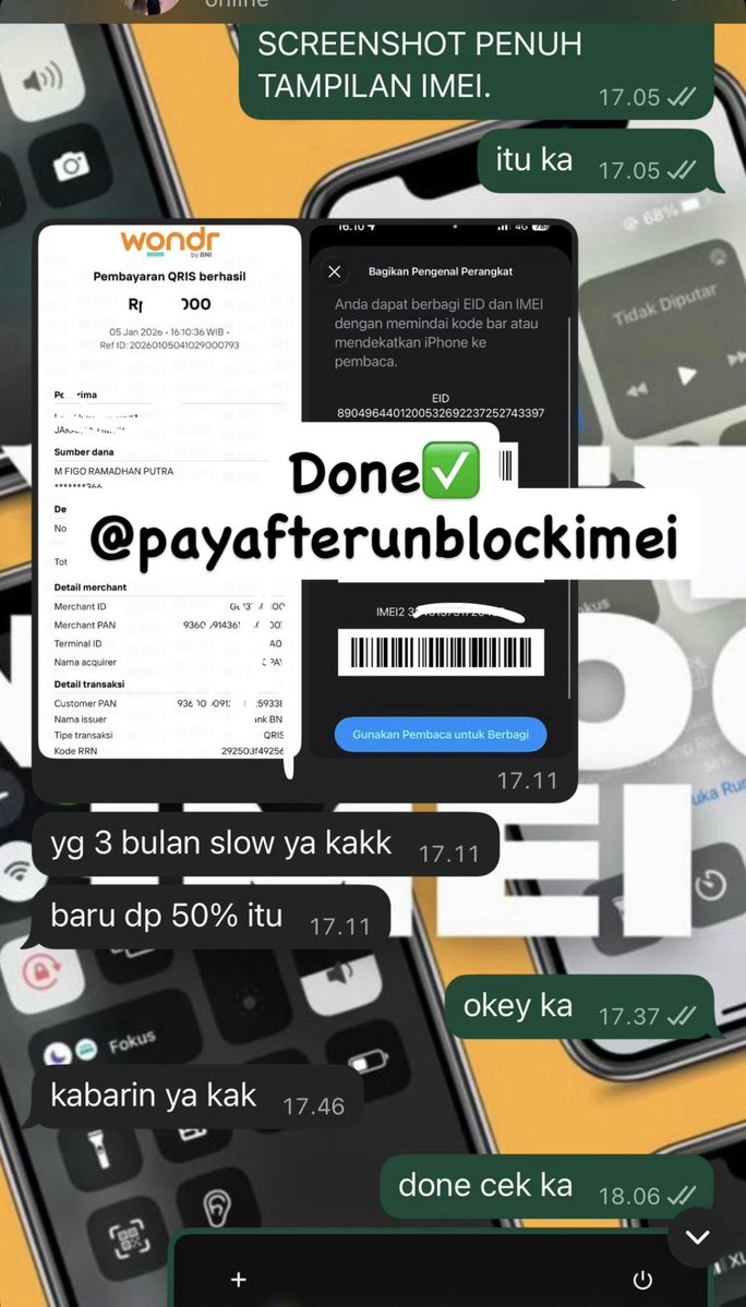 PAUIIMEI's tweet image. JASA UNLOCK UNBLOCK IMEI ALL OPERATOR &amp;amp; ALL TYPE PHONE UNBLOK IMEI -01
    ⚡️Tri Only
    ⚡️Bulanan
    ⚡️Beacukai
WA ME 👇
wa.me/+6289525392822