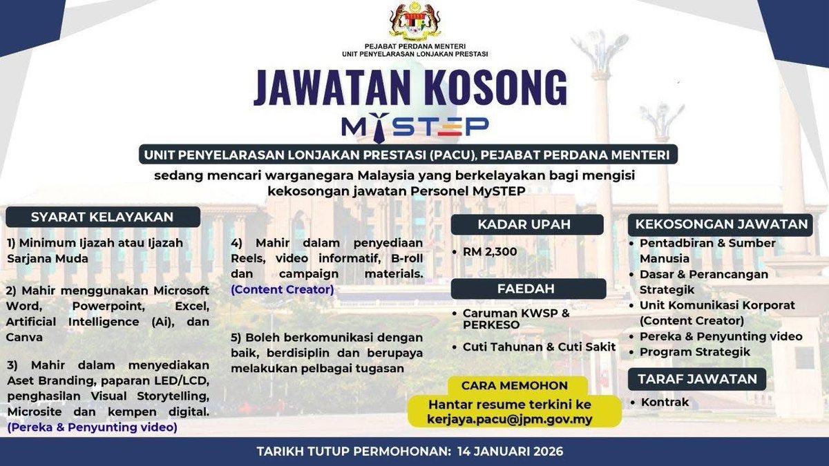 reviewbyyasmin's tweet photo. Want to work at the Prime Minister’s Office? PACU is hiring Malaysian citizens with a Bachelor’s Degree for roles in Corporate Communications, Administration &amp; Strategic Programs. Salary: RM2,300. 

Apply by 14 January 2026: kerjaya.pacu@jpm.gov.my https://t.co/fVX1zvGMck