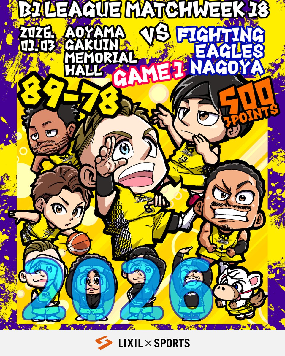 lixil_sports's tweet photo. ＼サンロッカーズ渋谷🏀／
　B1リーグ結果イラスト！
￣￣￣￣￣￣￣￣￣￣￣￣
2026年初戦となる第18節GAME1🎌

LIXIL賞を受賞したジョシュ・ホーキンソン選手が30得点の躍動でチームの勝利に貢献！
新年最高のスタートを切りました👏🏻✨

　　　🎍🐴2️⃣0️⃣2️⃣6️⃣🐴⛩️

@we_r_sunrockers @chidajunsei3163 https://t.co/iHfI9Qk0gR