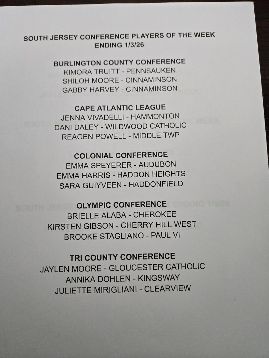Thesjibt's tweet image. SOUTH JERSEY CONFERENCE PLAYERS OF THE WEEK ENDING 1/3/26