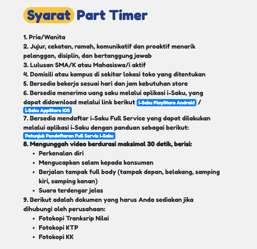 CPrabhaswara's tweet image. #TIL Indomaret punya sistem part-time yang 'lumayan' OK:
- Upah sesuai UMK
- Perhitungan per jam kerja
- Bisa apply khusus lokasi yang memang dekat domisili jadi tidak akan 'kelempar' jauh
- Jobdesc transparan sejak awal