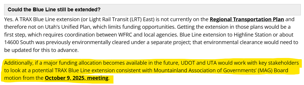 It looks like UDOT has updated the Point transit project website to recognize the motion passed at the Oct 9 meeting. While UDOT still has no obligation to do this project, it is encouraging that they went back and made reference to this motion.