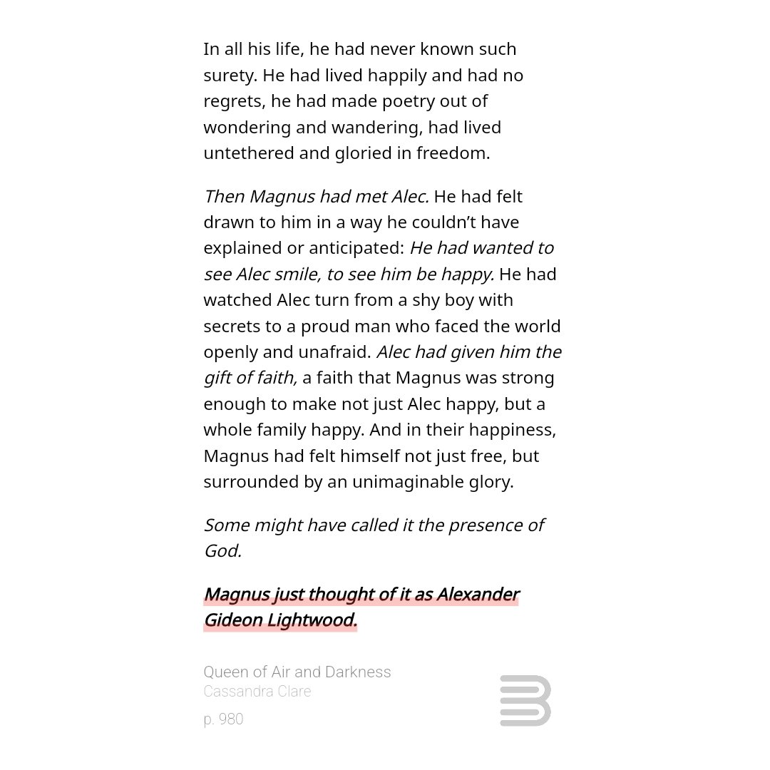 i know shipping its never that serious but being 100% honest here don't even try to compare your yaoi to malec unless your yaoi has a level of undying devotion that makes one of them compare the other to the presence of god.