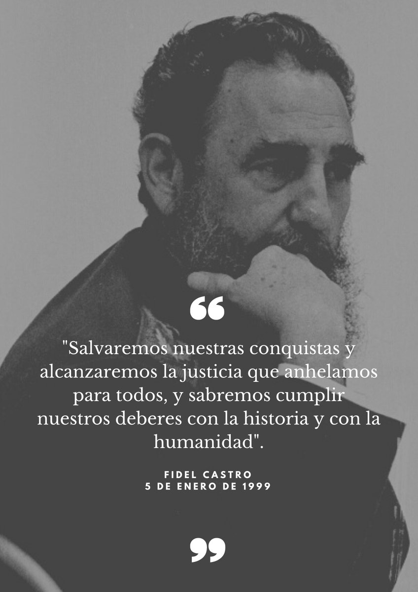 📅5 de enero de 1999 🎙️#FidelCastro: "Salvaremos nuestras conquistas y alcanzaremos la justicia que anhelamos para todos, y sabremos cumplir nuestros deberes con la historia y con la humanidad".
#100AñosConFidel <a href="/DiazCanelB/">Miguel Díaz-Canel Bermúdez</a>
<a href="/AlfreMene37409/">Alfre Menendez</a>