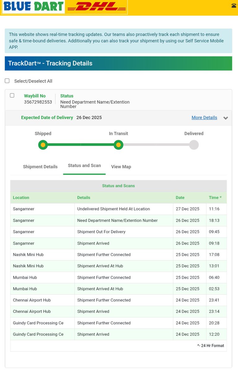 pratik_141's tweet photo. @BlueDartCares I’m facing repeated non-delivery of the same shipment.

Old Waybill: 35527116494
ShipDt: 27 Nov 2025
Rto: 22 Dec 2025
RtoWaybill: 16519679444

New Waybill: 35672982553
ShipDt: 24 Dec 2025

Please investigate and arrange immediate delivery or contact me to resolve. https://t.co/3hoxoW6BCJ