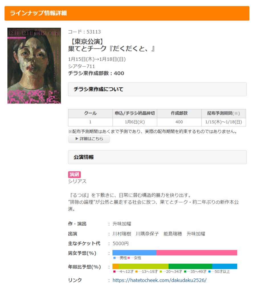 nevula_prise's tweet image. ◆チラシ折り込み代行◆
本日1月6日（火）締切の公演をご紹介します（2/2）。

【東京公演】
果てとチーク『だくだくと、』
seisakuplus.com/orikomi/01/531…

こちらの公演で、チラシによる宣伝をしていただけます！
お申し込みをお待ちしております！