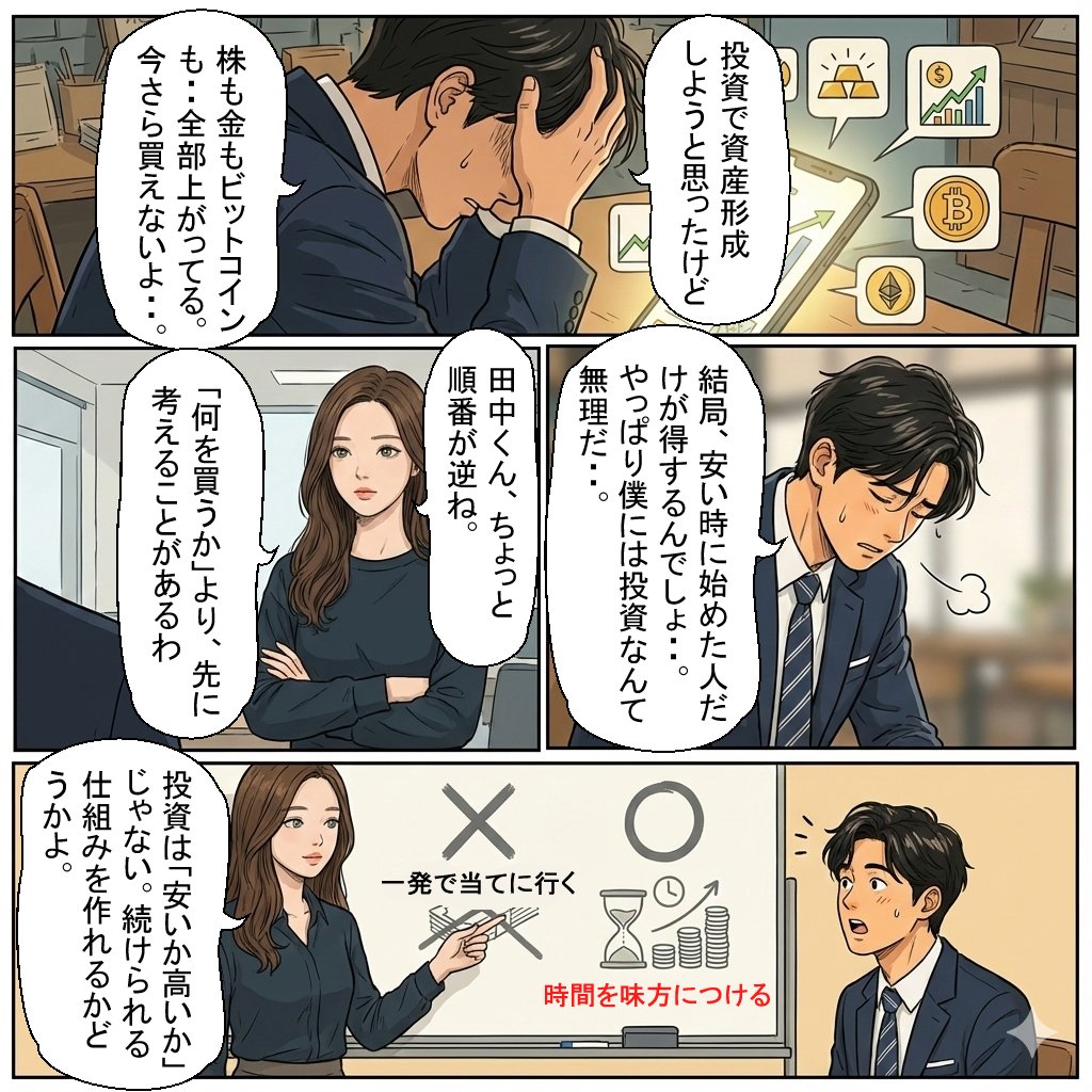 株も金もビットコインも、 気づけば「全部、高い」。 だから 「今さら始.. | さとやす社長 さんのマンガ | ツイコミ(仮)
