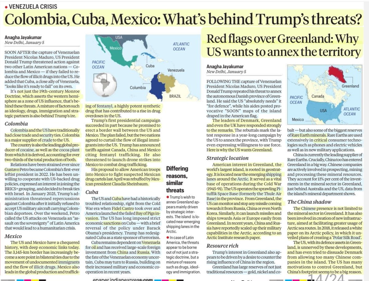 *#Colombia #Cuba #Mexico :What's behind Trump's threats

#Gustavo #Cocaine #CrudeOil
#FidelCastro #Sanctions
#Immigrants #Fentanyl 

*Red flags over #Greenland : Why US wants to annex the Territory

#rareearth #China #Arctic

:Informative articles by Ms Anagha Jayakumar 

#UPSC