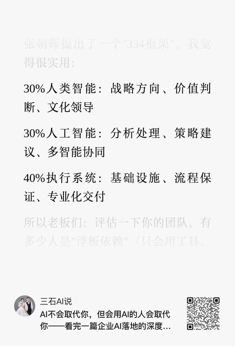 看完一篇企业AI落地的深度报告
信息量太大了

我花了两小时，给老板们划了10个重点：

① 90%项目失败，问题不在模型
② AI是"浮板"不是"救生圈"
③ 幻觉是真实风险，必须有校验层
④ 数据才是真正的护城河
⑤ 场景选择比模型选择更重要
⑥ 行业模型比通用模型更有价值
⑦ 知识库要做"智慧引擎"
⑧