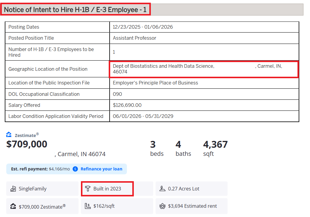 Indy_reporter_'s tweet image. I know this might make me the bad guy, but it needs to be asked.

@IndianaUniv  has a Notice of Intent to Hire an H1B/E-3 employee posted.

Except the job isn’t on campus. It’s remote.

And the listed “geographic location” is a $700k, freshly built home in Carmel (built in 2023).…