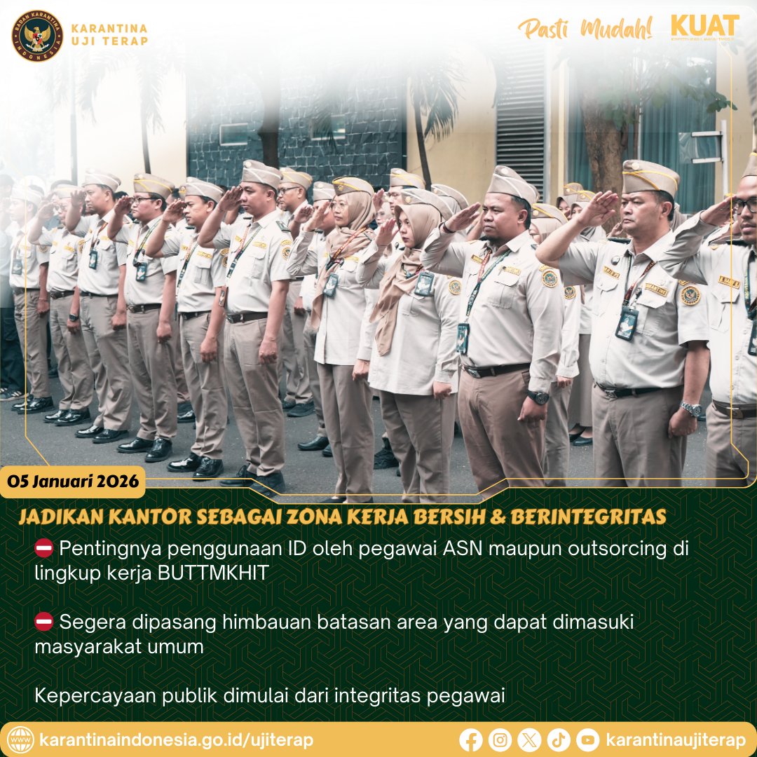 Apel Perdana 2026: Fokuskan Persiapan Agenda Strategis Uji Terap 2026

Bekasi (05/01) - Apel pagi hari ini jadi pengingat bahwa kerja karantina bukan soal rutinitas, tapi tanggung jawab.

#KarantinaUjiTerap #ApelPagi #DisiplinKerja #IntegritasPegawai #KarantinaIndonesia