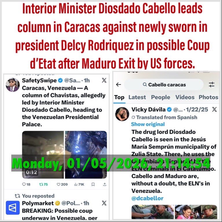 hyperthetkibble's tweet image. Venezuelan Interior Minister Diosdado Cabello leads column to Caracas presidential palace against newly sworn in president Delcy Rodriquez in possible Coup D’Etat after Maduro Exited by US forces extraction yesterday…