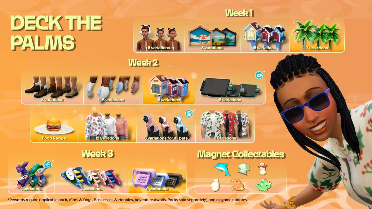 There is 7 days left to claim your rewards in the Deck the Palm event - they're all available to claim now. So make sure you head into live mode and collect all your freebies if you haven't already!
#Sims4 #TheSims4 <a href="/TheSims/">The Sims</a>