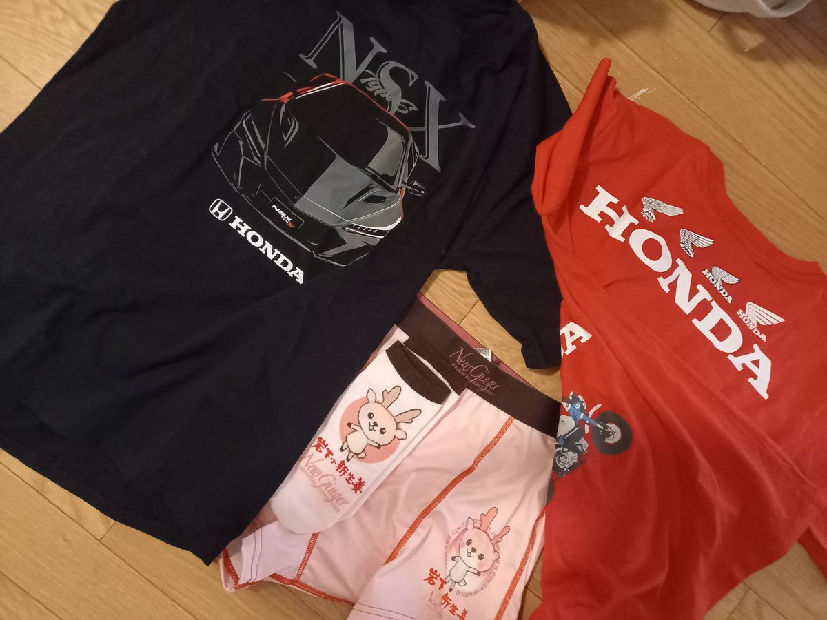 部屋着用で買った(笑)
今年初の購入品は
HONDA赤が私用
黒NSXは夫用

岩下の新生姜パンツは夫に
靴下は私(笑)

暖かくなったらこれでバイク乗ってHONDA推ししとこ(笑)