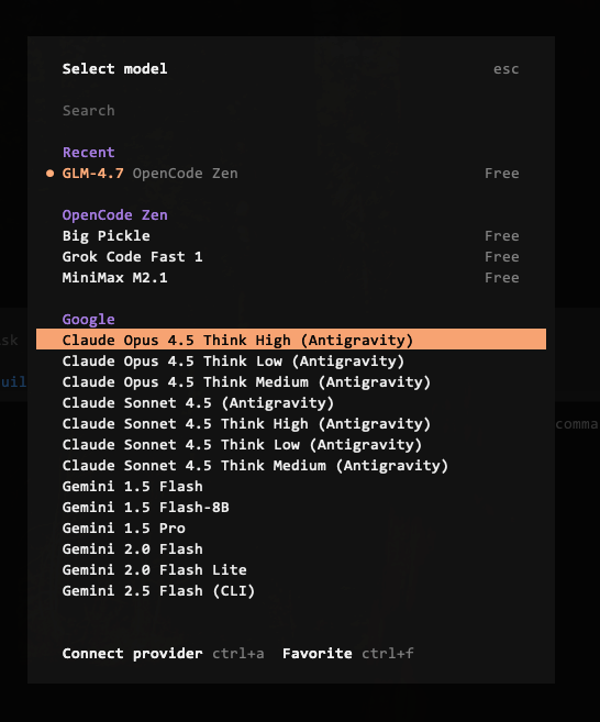 opencode.ai 是个好东西，自带的 glm4.7 免费不说，还可以通过安装插件把 Google 家的 Antigravity 内置的 Claude 和 Gemini 额度导入进来

配合上 Google AI Pro 的六人共享搬家套餐，美滋滋